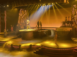 Actors, musicians and smoke on the stage of the Frontierland Theatre at Frontierland at Disneyland Park, during the Lion King: Rhythms of the Pride Lands show