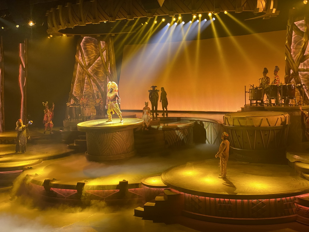 Actors, musicians and smoke on the stage of the Frontierland Theatre at Frontierland at Disneyland Park, during the Lion King: Rhythms of the Pride Lands show
