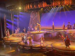 Actors and musicians on the stage of the Frontierland Theatre at Frontierland at Disneyland Park, during the Lion King: Rhythms of the Pride Lands show