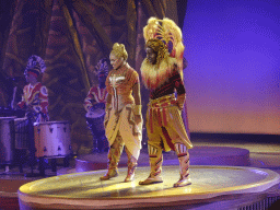 Actors and musicians on the stage of the Frontierland Theatre at Frontierland at Disneyland Park, during the Lion King: Rhythms of the Pride Lands show