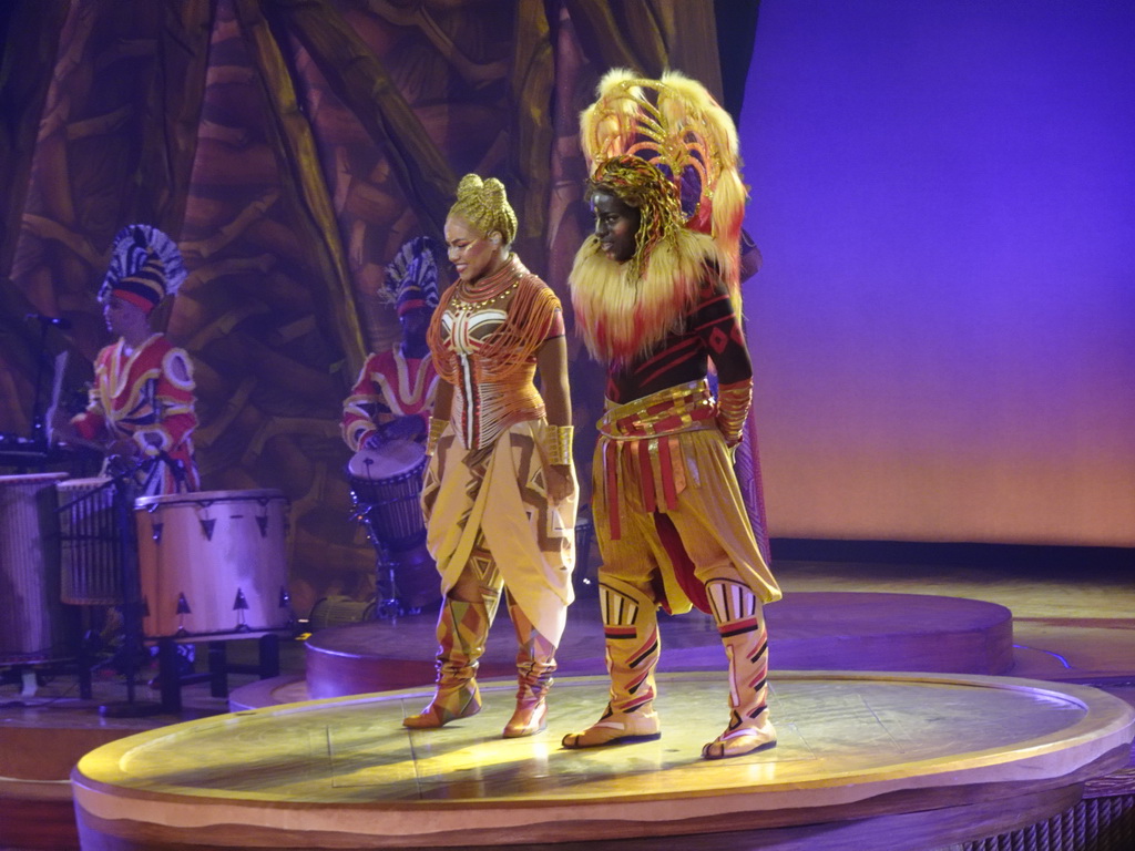 Actors and musicians on the stage of the Frontierland Theatre at Frontierland at Disneyland Park, during the Lion King: Rhythms of the Pride Lands show