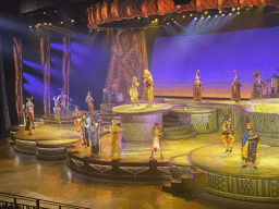 Actors and musicians on the stage of the Frontierland Theatre at Frontierland at Disneyland Park, during the Lion King: Rhythms of the Pride Lands show