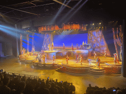 Actors and musicians on the stage of the Frontierland Theatre at Frontierland at Disneyland Park, during the Lion King: Rhythms of the Pride Lands show