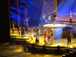 Actors and musicians on the stage of the Frontierland Theatre at Frontierland at Disneyland Park, at the end of the Lion King: Rhythms of the Pride Lands show