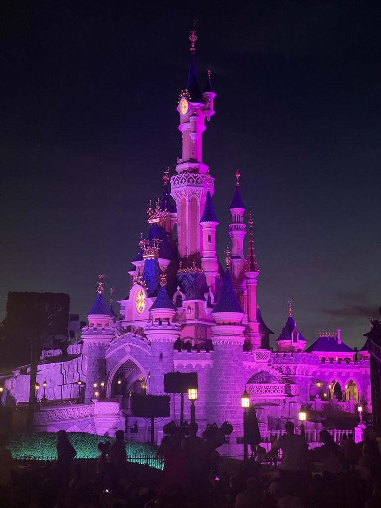 Front of Sleeping Beauty`s Castle at Fantasyland at Disneyland Park, viewed from Central Plaza, by night