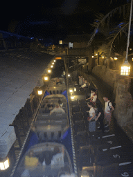 Boats at the Pirates of the Caribbean attraction at Adventureland at Disneyland Park, by night