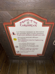 Sign at the queue of the Caribbean attraction at Adventureland at Disneyland Park