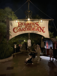 Front of the Pirates of the Caribbean attraction at Adventureland at Disneyland Park, by night