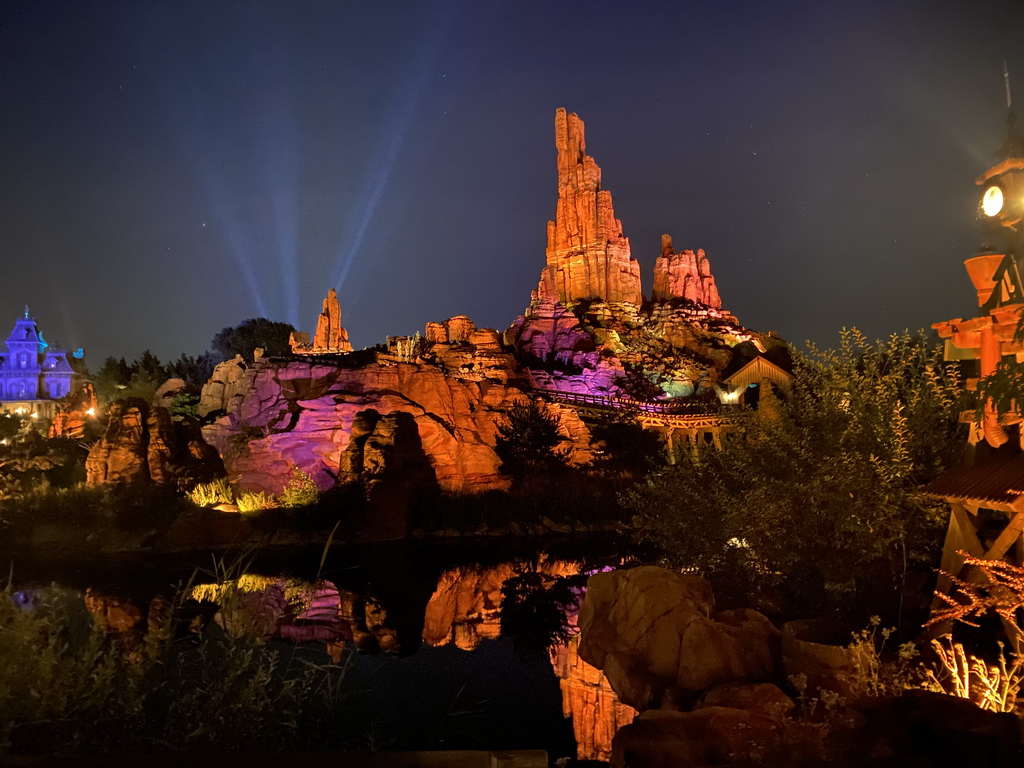 The Big Thunder Mountain attraction at Frontierland at Disneyland Park, by night