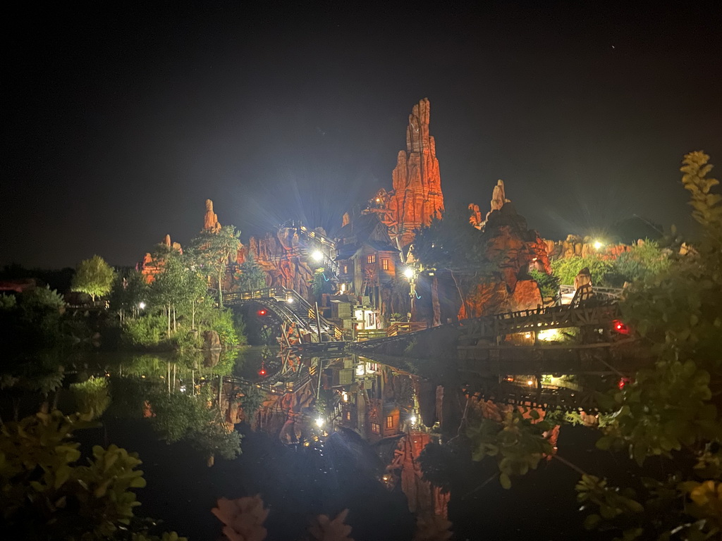 The Big Thunder Mountain attraction at Frontierland at Disneyland Park, by night