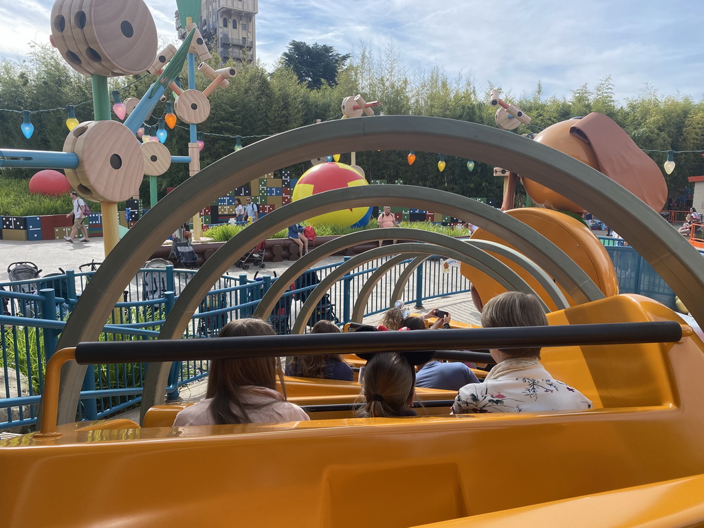 The Slinky Dog Zigzag Spin attraction at the Toy Story Playland at Walt Disney Studios Park, viewed from our car
