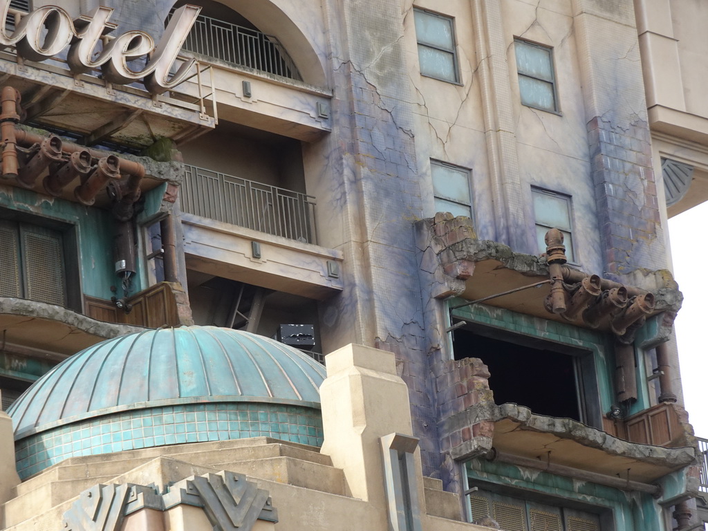 Opened window at the facade of the Twilight Zone Tower of Terror attraction at the Production Courtyard at Walt Disney Studios Park