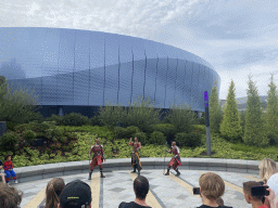 Warriors of Wakanda show in front of the Avengers Assemble: Flight Force attraction at the Marvel Avengers Campus at Walt Disney Studios Park