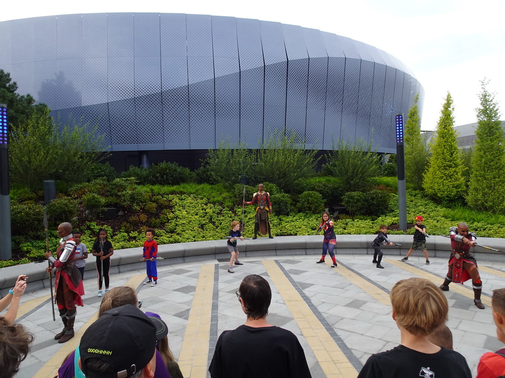 Warriors of Wakanda show in front of the Avengers Assemble: Flight Force attraction at the Marvel Avengers Campus at Walt Disney Studios Park