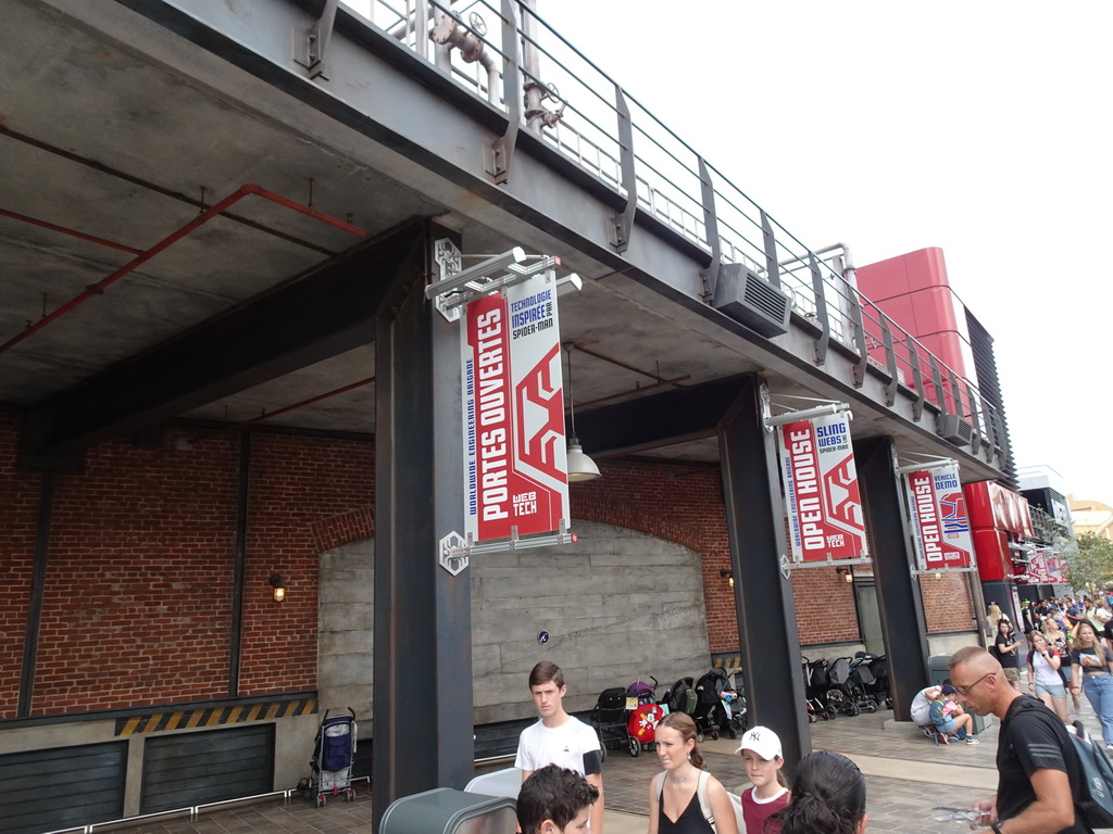 Front of the Spider-Man W.E.B. Adventure attraction at the Marvel Avengers Campus at Walt Disney Studios Park