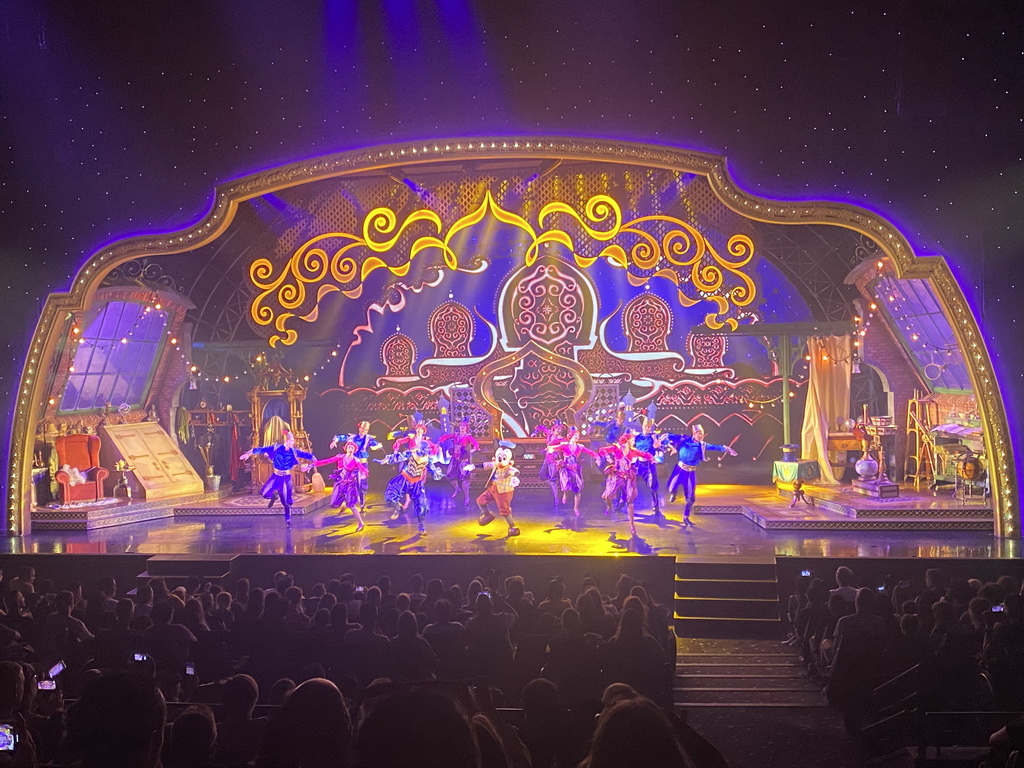 Actors on the stage of the Studio Theater at the Production Courtyard at Walt Disney Studios Park, during the Mickey and the Magician show