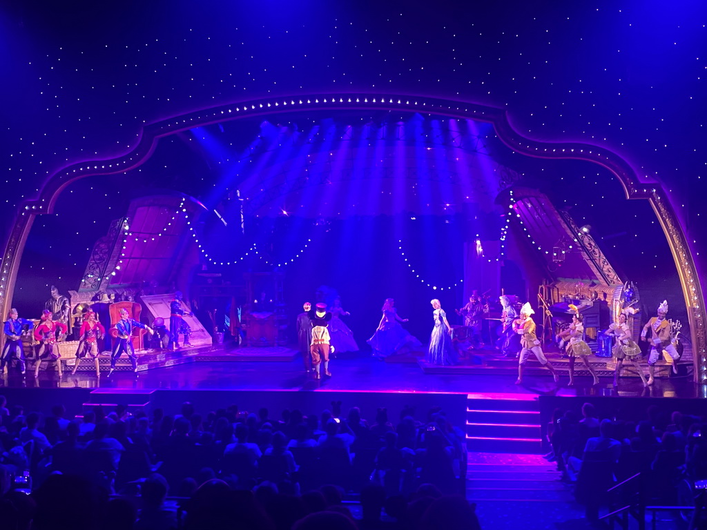 Actors on the stage of the Studio Theater at the Production Courtyard at Walt Disney Studios Park, during the Mickey and the Magician show