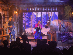 Kristoff, Anna and Sven at the stage of the Animation Celebration building at the Toon Studio at Walt Disney Studios Park, during the Frozen - A Musical Invitation show