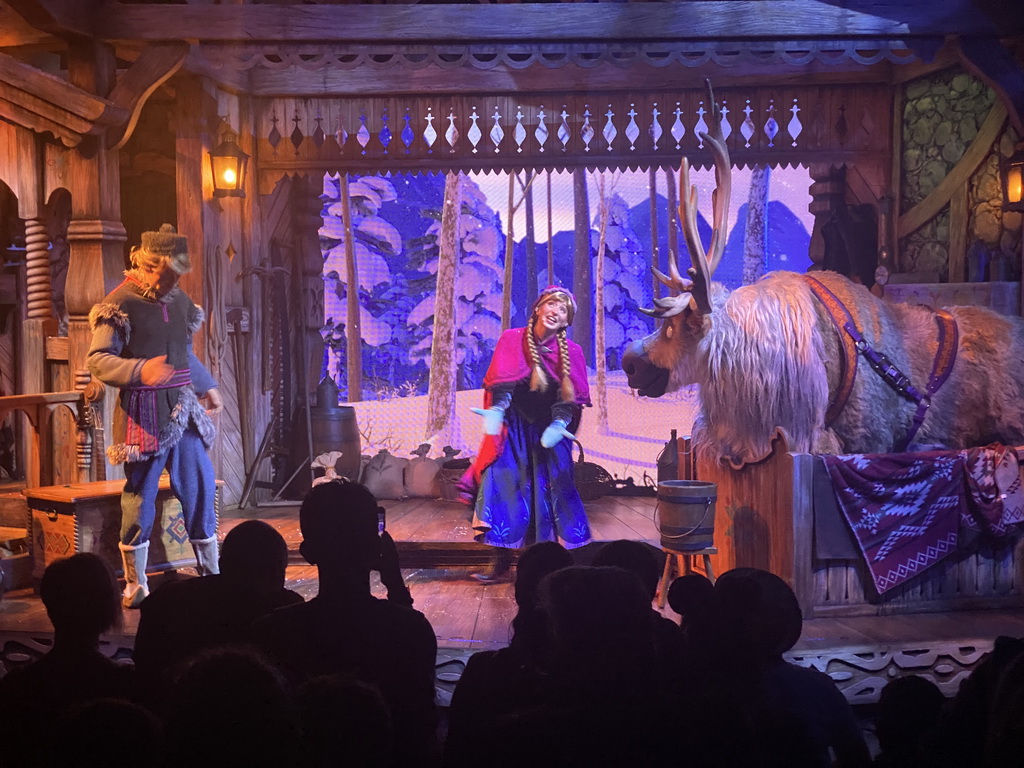 Kristoff, Anna and Sven at the stage of the Animation Celebration building at the Toon Studio at Walt Disney Studios Park, during the Frozen - A Musical Invitation show