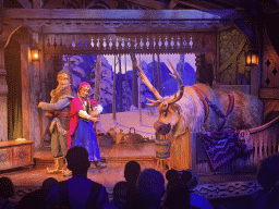 Kristoff, Anna and Sven at the stage of the Animation Celebration building at the Toon Studio at Walt Disney Studios Park, during the Frozen - A Musical Invitation show