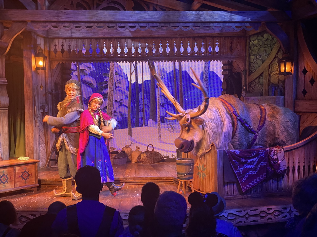 Kristoff, Anna and Sven at the stage of the Animation Celebration building at the Toon Studio at Walt Disney Studios Park, during the Frozen - A Musical Invitation show