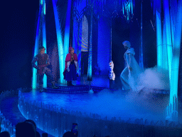 Kristoff, Anna, Olaf and Elsa at the stage of the Animation Celebration building at the Toon Studio at Walt Disney Studios Park, during the Frozen - A Musical Invitation show