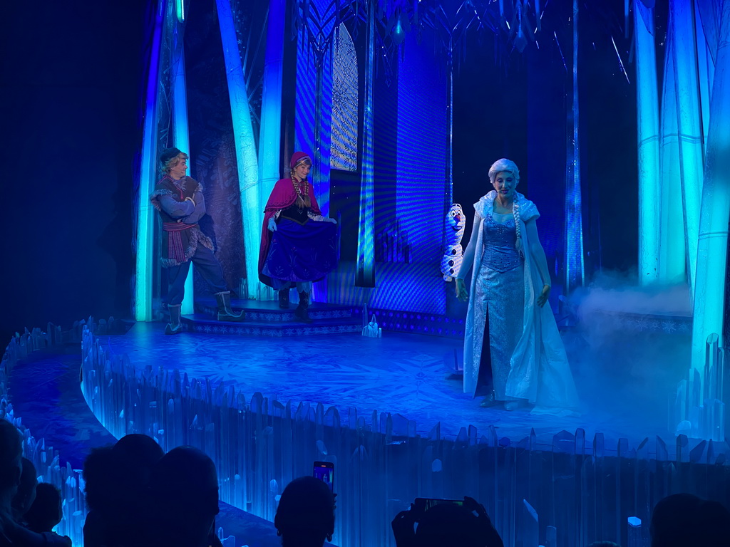 Kristoff, Anna, Olaf and Elsa at the stage of the Animation Celebration building at the Toon Studio at Walt Disney Studios Park, during the Frozen - A Musical Invitation show