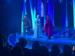 Kristoff, Elsa and Anna at the stage of the Animation Celebration building at the Toon Studio at Walt Disney Studios Park, during the Frozen - A Musical Invitation show