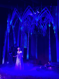 Anna, Kristoff and Elsa at the stage of the Animation Celebration building at the Toon Studio at Walt Disney Studios Park, during the Frozen - A Musical Invitation show