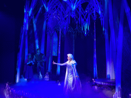 Anna, Kristoff and Elsa at the stage of the Animation Celebration building at the Toon Studio at Walt Disney Studios Park, during the Frozen - A Musical Invitation show