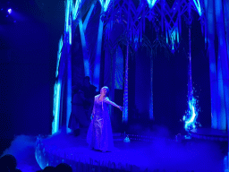 Anna, Kristoff and Elsa at the stage of the Animation Celebration building at the Toon Studio at Walt Disney Studios Park, during the Frozen - A Musical Invitation show