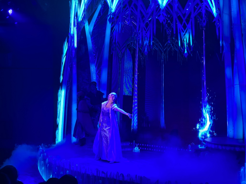 Anna, Kristoff and Elsa at the stage of the Animation Celebration building at the Toon Studio at Walt Disney Studios Park, during the Frozen - A Musical Invitation show