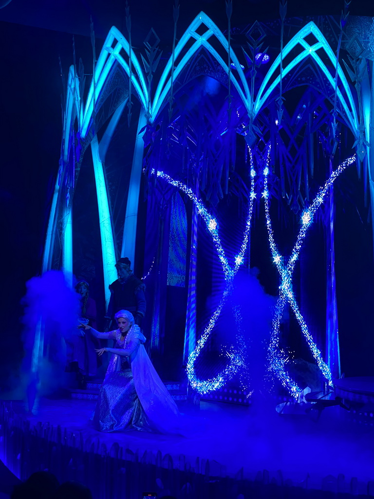 Anna, Kristoff and Elsa at the stage of the Animation Celebration building at the Toon Studio at Walt Disney Studios Park, during the Frozen - A Musical Invitation show