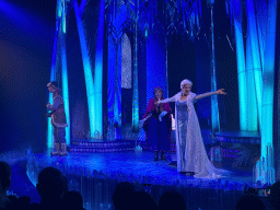 Kristoff, Anna and Elsa at the stage of the Animation Celebration building at the Toon Studio at Walt Disney Studios Park, during the Frozen - A Musical Invitation show
