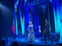 Anna, Elsa, Olaf and Kristoff at the stage of the Animation Celebration building at the Toon Studio at Walt Disney Studios Park, during the Frozen - A Musical Invitation show