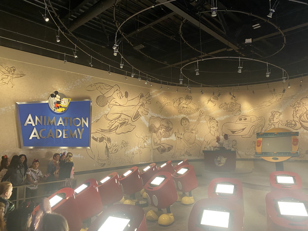 Interior of the Animation Academy at the Animation Celebration building at the Toon Studio at Walt Disney Studios Park, during the Frozen - A Musical Invitation show