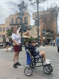 Miaomiao and Max in front of the Twilight Zone Tower of Terror attraction at the Production Courtyard at Walt Disney Studios Park