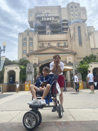 Miaomiao and Max in front of the Twilight Zone Tower of Terror attraction at the Production Courtyard at Walt Disney Studios Park