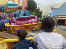 Miaomiao and Max at the Les Tapis Volants - Flying Carpets Over Agrabah attraction at the Toon Studio at Walt Disney Studios Park, viewed from Tim`s flying carpet
