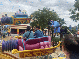 Miaomiao at the Les Tapis Volants - Flying Carpets Over Agrabah attraction at the Toon Studio at Walt Disney Studios Park, viewed from Tim`s flying carpet