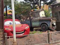 Lightning McQueen and Mater at the Cars Quatre Roues Rallye attraction at the Worlds of Pixar at Walt Disney Studios Park