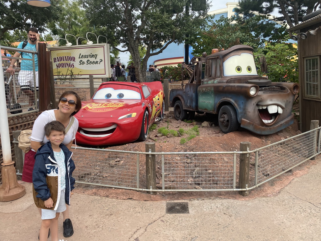 Miaomiao and Max with Lightning McQueen and Mater at the Cars Quatre Roues Rallye attraction at the Worlds of Pixar at Walt Disney Studios Park