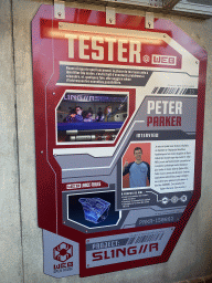 Information on Peter Parker at the queue for the Spider-Man W.E.B. Adventure attraction at the Marvel Avengers Campus at Walt Disney Studios Park