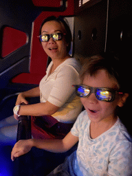 Miaomiao and Max in a Slinger vehicle at the Spider-Man W.E.B. Adventure attraction at the Marvel Avengers Campus at Walt Disney Studios Park