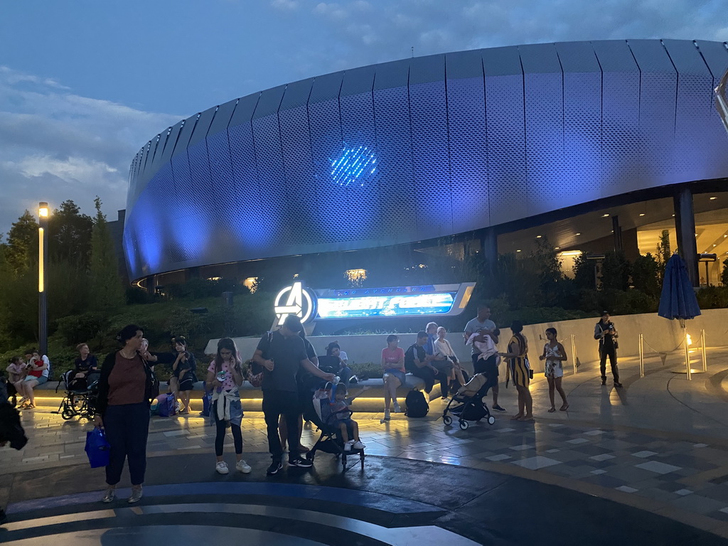 Front of the Avengers Assemble: Flight Force attraction at the Marvel Avengers Campus at Walt Disney Studios Park, at sunset