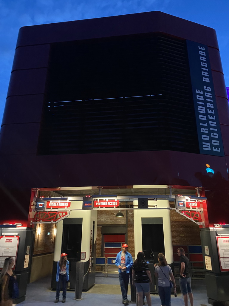 Entrance to the Spider-Man W.E.B. Adventure attraction at the Marvel Avengers Campus at Walt Disney Studios Park, at sunset