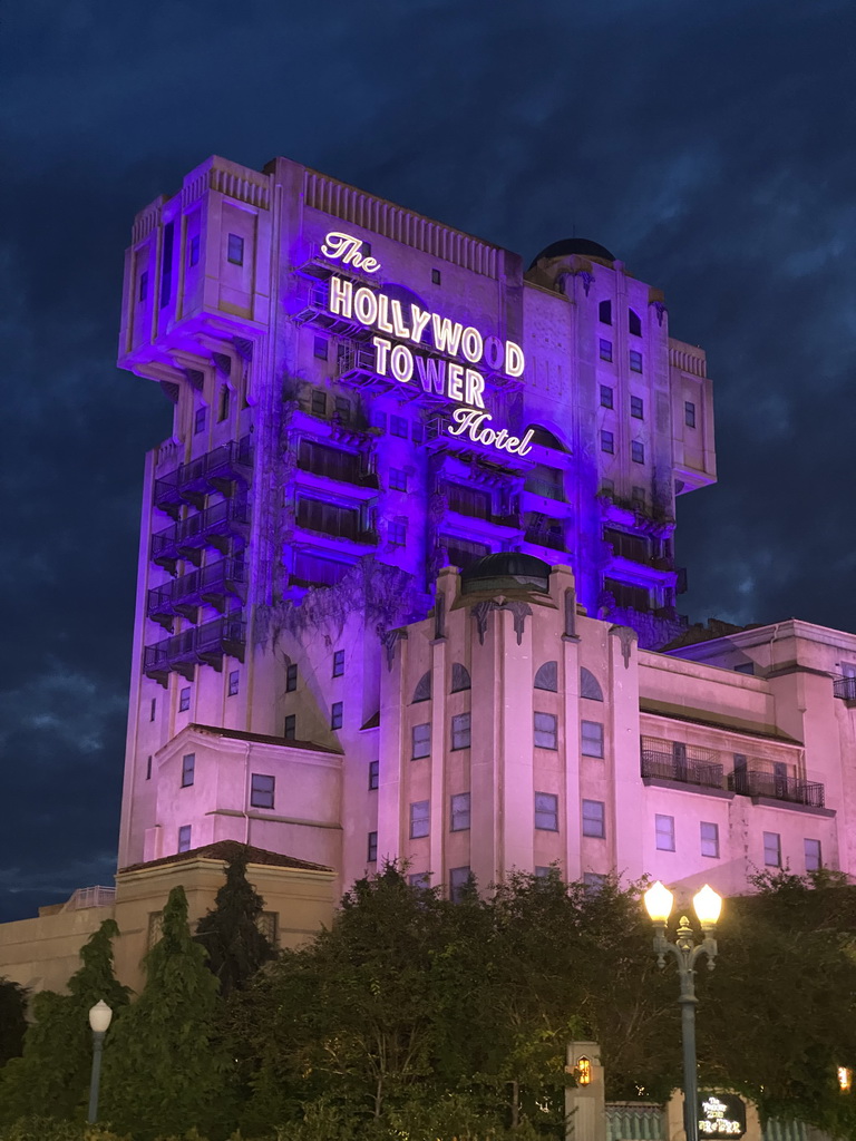 Front of the Twilight Zone Tower of Terror attraction at the Production Courtyard at Walt Disney Studios Park, by night