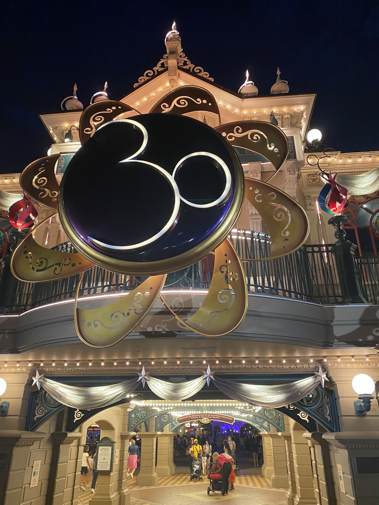 Front of the Main Street U.S.A. Station at Disneyland Park, by night