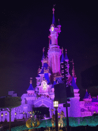 Front of Sleeping Beauty`s Castle at Fantasyland at Disneyland Park, viewed from Central Plaza, by night