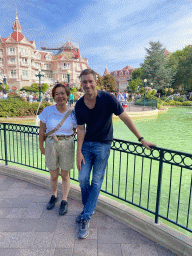 Tim and Miaomiao at the Fantasia Gardens in front of the Disneyland Hotel at Disneyland Park